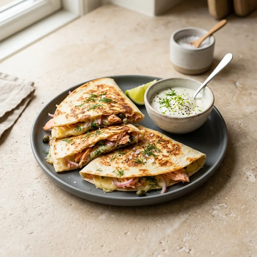 Valmis quesadillat lohella tarjoiltuna herkullisesti kotikeittiön tapaan
