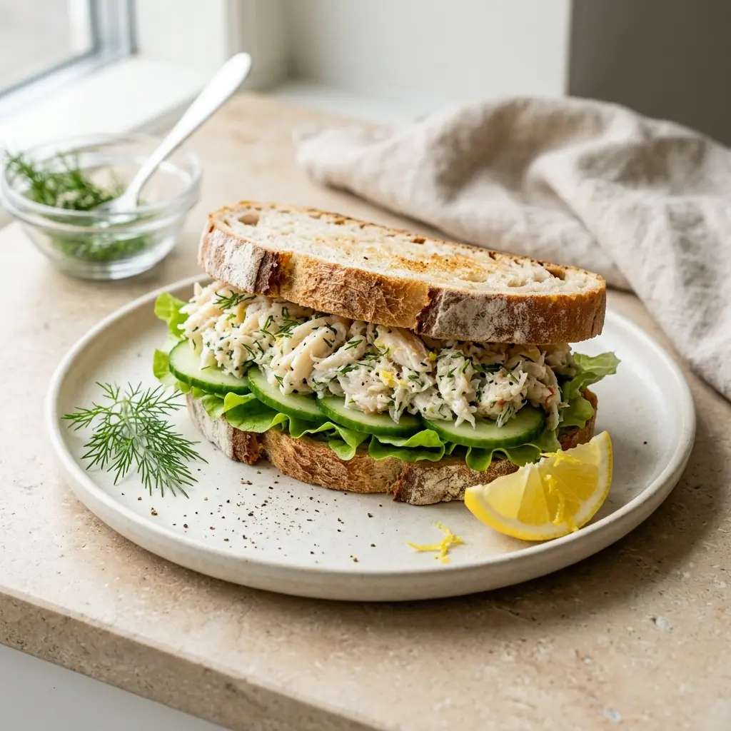 Valmis rapusandwich tarjoiltuna herkullisesti kotikeittiön tapaan