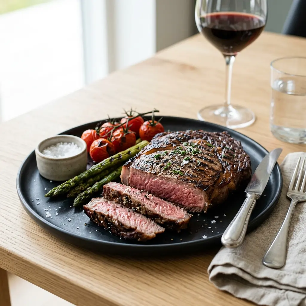 Grillattu ribeye-pihvi ruskistuneella paistopinnalla