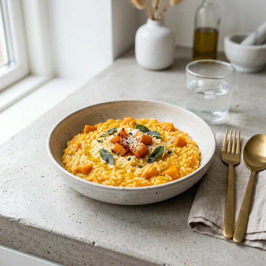 Valmis risotto kurpitsalla tarjoiltuna herkullisesti kotikeittiön tapaan