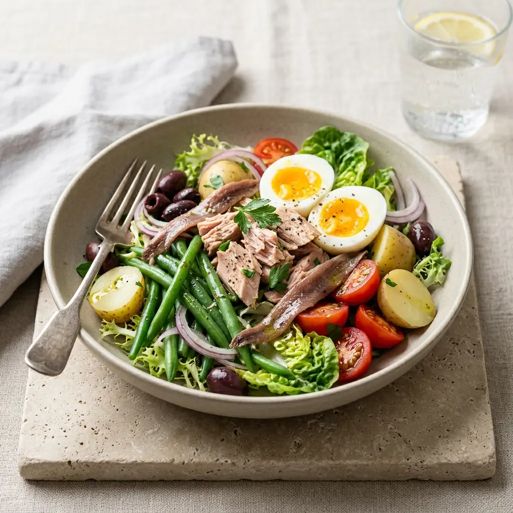 Valmis salade Niçoise tarjoiltuna herkullisesti kotikeittiön tapaan