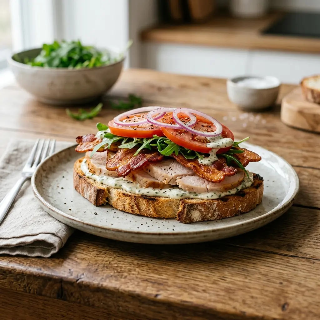 Valmis sandwich kalkkunalla ja pekonilla tarjoiltuna herkullisesti kotikeittiön tapaan