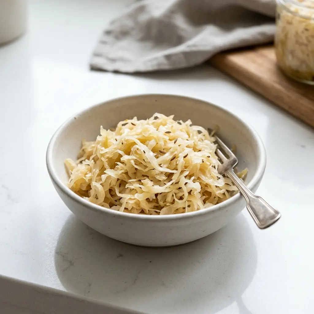 Valmis sauerkraut tarjoiltuna herkullisesti kotikeittiön tapaan
