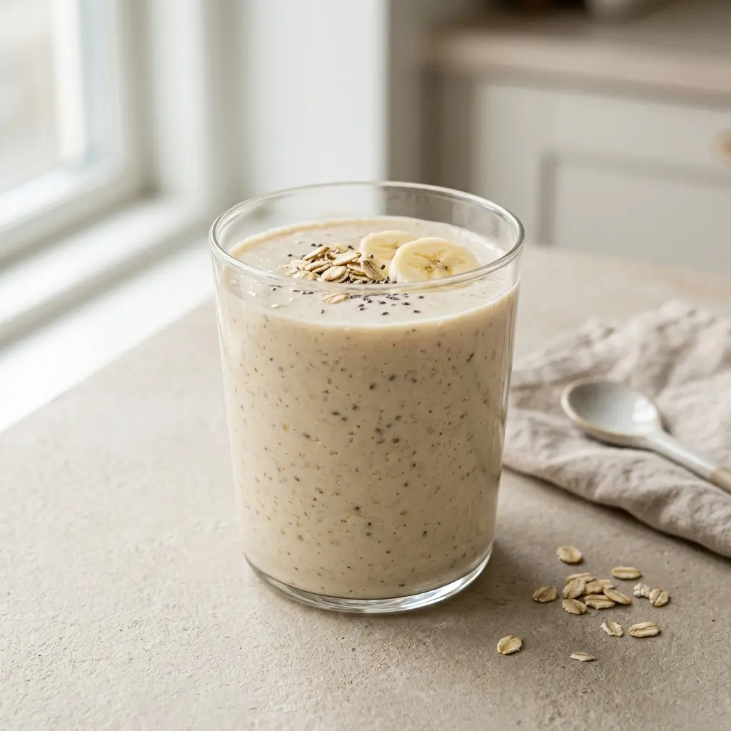 Lasillinen smoothie kaurahiutaleilla tarjoiltuna raikkaana ja houkuttelevana