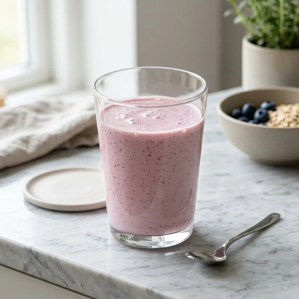 Lasillinen smoothie maidolla tarjoiltuna raikkaana ja houkuttelevana