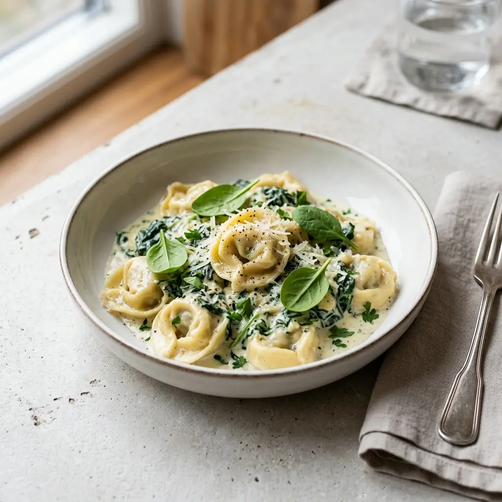 Valmis tortellinit juustolla ja pinaatilla tarjoiltuna herkullisesti kotikeittiön tapaan