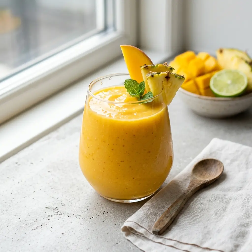 Lasillinen trooppinen smoothie tarjoiltuna raikkaana ja houkuttelevana