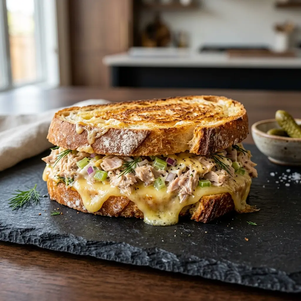 Valmis tuna melt -sandwich tarjoiltuna herkullisesti kotikeittiön tapaan