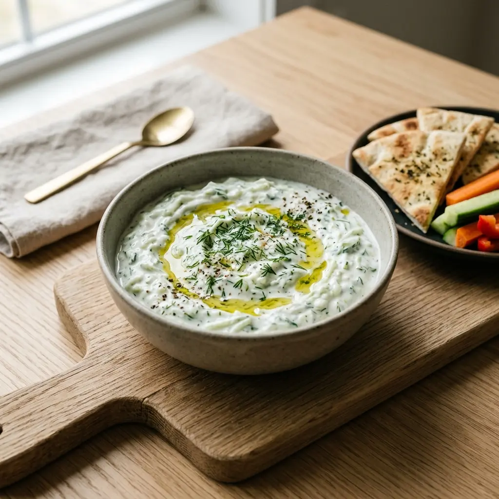 Valmis tzatziki tarjoiltuna herkullisesti kotikeittiön tapaan