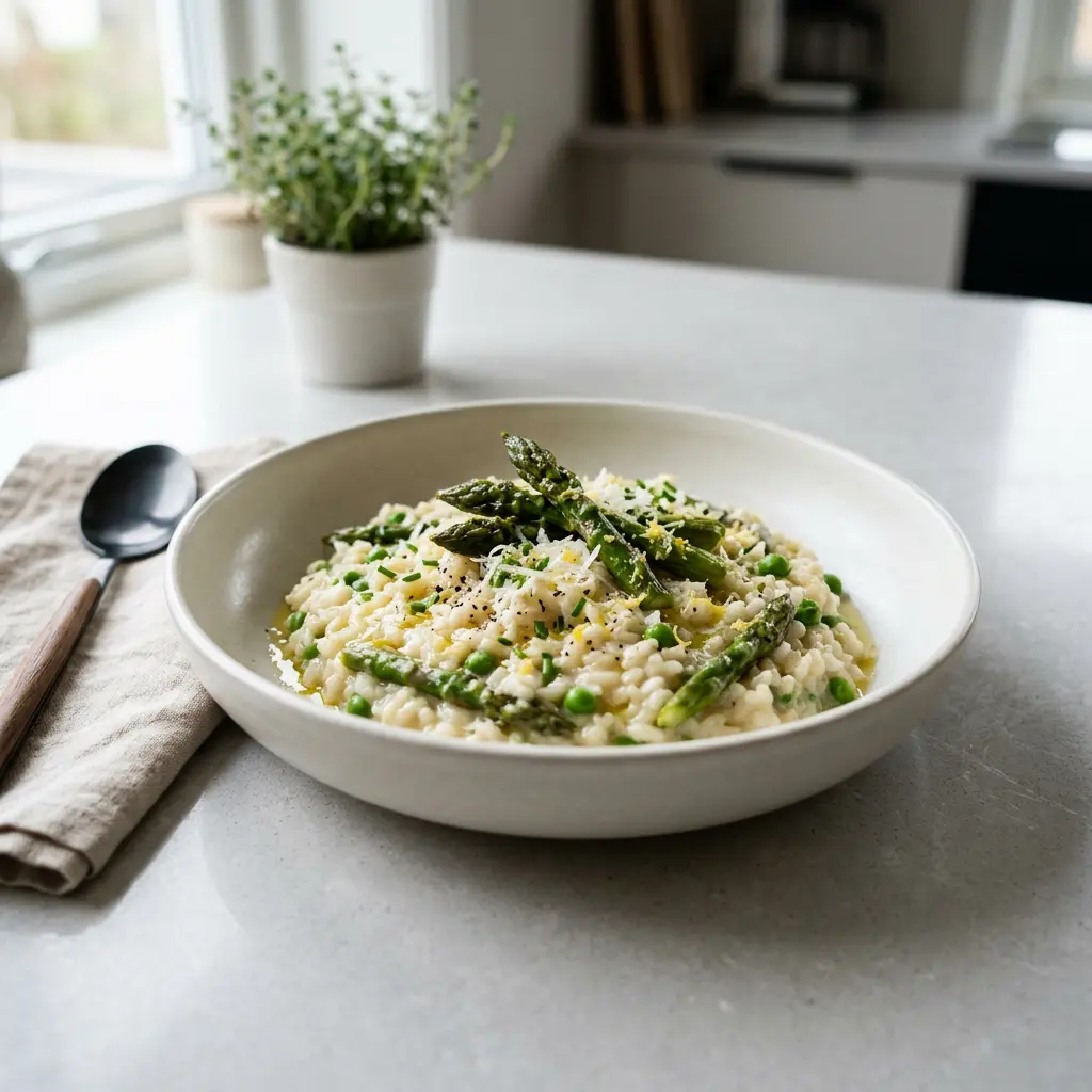 Kermaista risottoa vuoassa, päällä parsaa, herneitä ja parmesaania